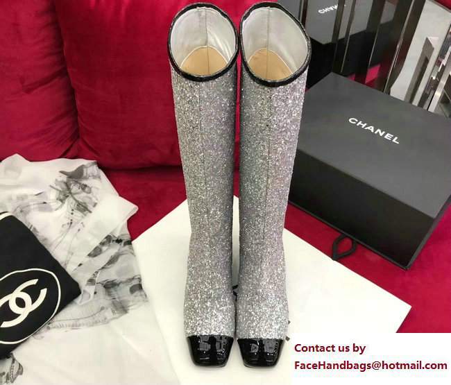 Chanel Glittered Fabric and Patent Calfskin High Boots G33220 Black/Silver 2017