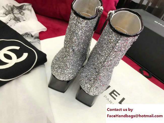 Chanel Glittered Fabric and Patent Leather Boots G33221 Black/Silver 2017