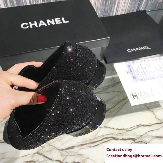 Chanel Glittered Fabric and Patent Leather Loafers G33227 Black 2017 - Click Image to Close