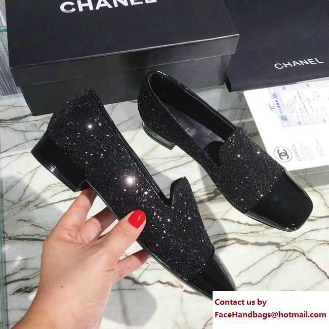 Chanel Glittered Fabric and Patent Leather Loafers G33227 Black 2017 - Click Image to Close