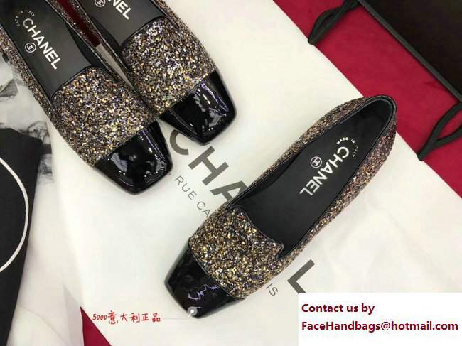 Chanel Glittered Fabric and Patent Leather Loafers G33227 Black/Gold 2017