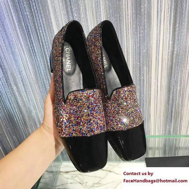 Chanel Glittered Fabric and Patent Leather Loafers G33227 Black/Multicolor 2017 - Click Image to Close