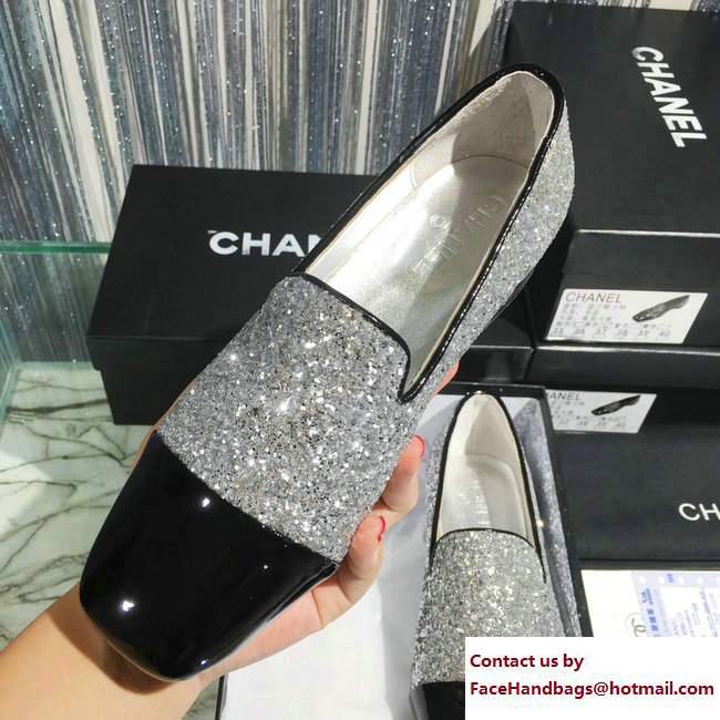 Chanel Glittered Fabric and Patent Leather Loafers G33227 Black/Silver 2017