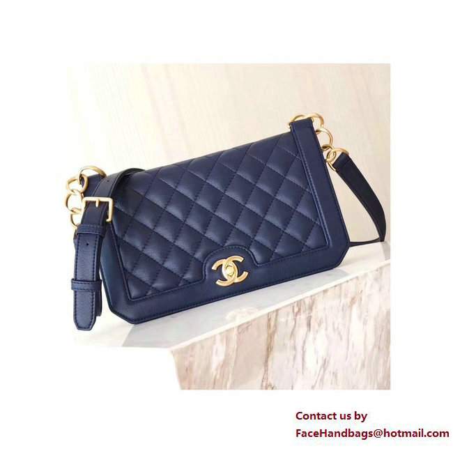 Chanel Gold Tone Metal Calfskin Medium Flap Bag A91577 Navy Blue 2017