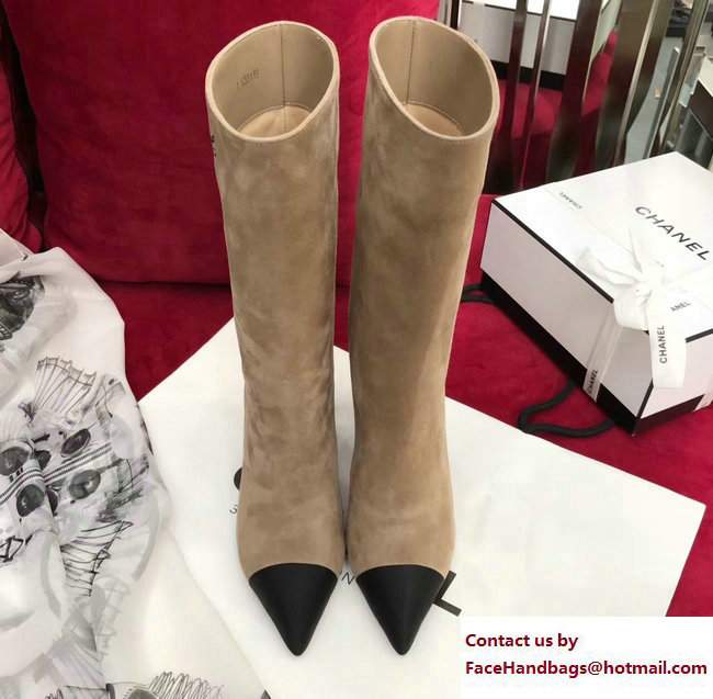 Chanel Heel 8.5cm Suede Calfskin and Satin Gabrielle High Boots G33119 Beige/Black 2017 - Click Image to Close