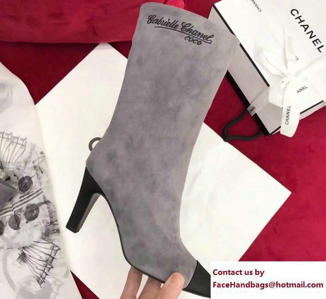 Chanel Heel 8.5cm Suede Calfskin and Satin Gabrielle High Boots G33119 Gray/Black 2017 - Click Image to Close