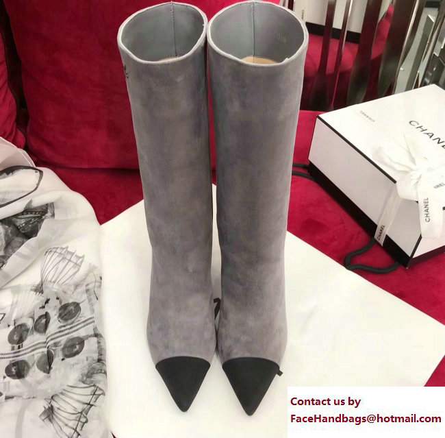 Chanel Heel 8.5cm Suede Calfskin and Satin Gabrielle High Boots G33119 Gray/Black 2017 - Click Image to Close