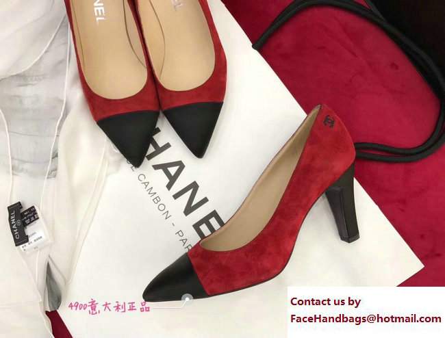 Chanel Heel 8.5cm Suede Calfskin and Satin Gabrielle Pumps G33085 Red/Black 2017 - Click Image to Close