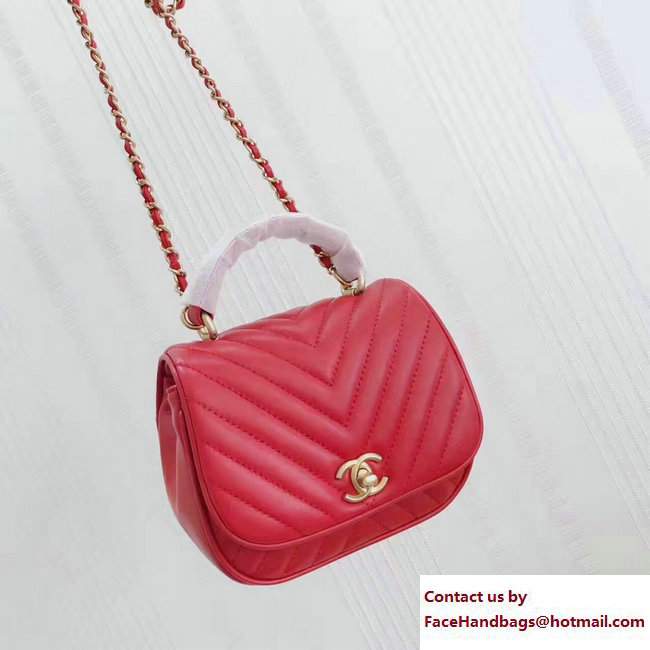 Chanel Lambskin Chevron Flap Bag with Top Handle A98791 Red 2017