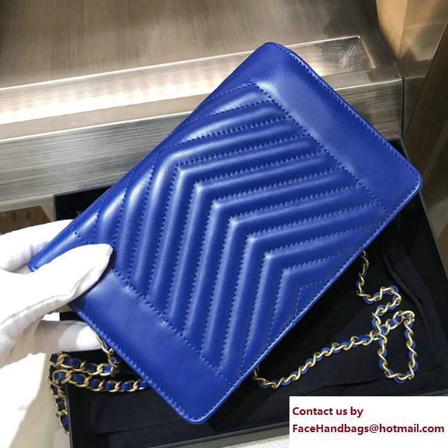 Chanel Lambskin Gold Metal Chevron Wallet On Chain WOC Bag A84362 Blue 2017