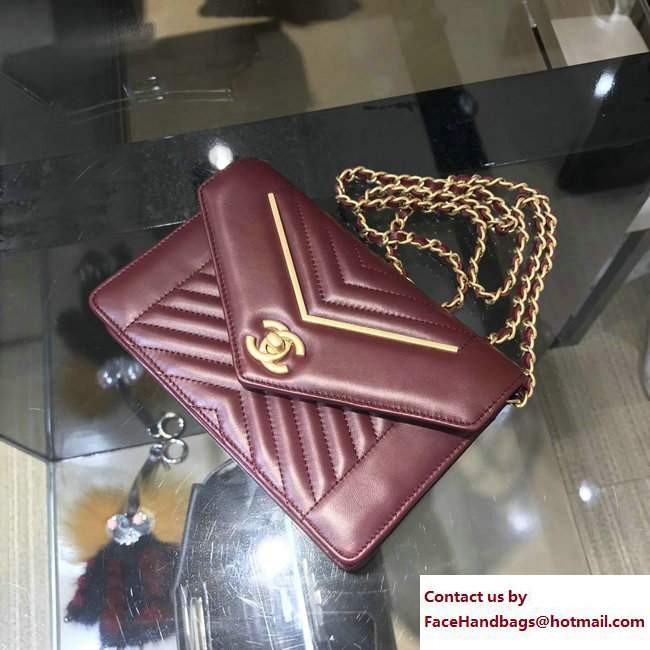 Chanel Lambskin Gold Metal Chevron Wallet On Chain WOC Bag A84362 Date Red 2017