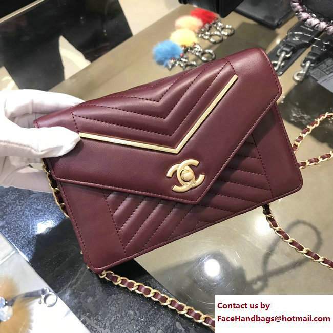 Chanel Lambskin Gold Metal Chevron Wallet On Chain WOC Bag A84362 Date Red 2017 - Click Image to Close