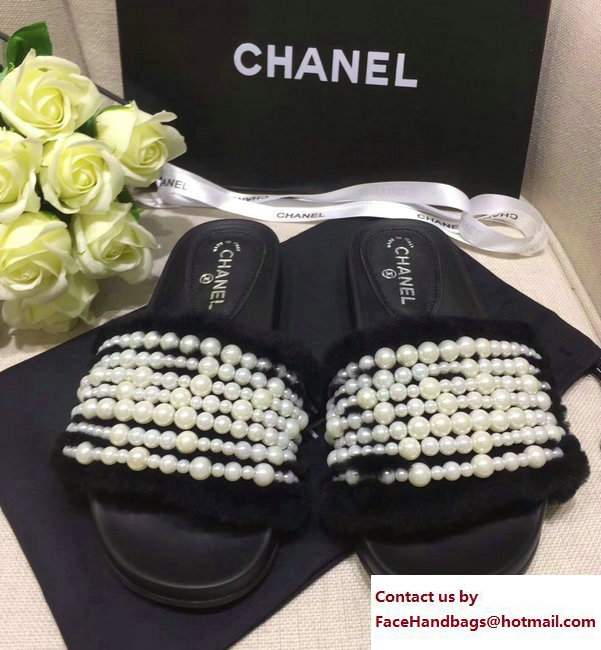 Chanel Pearl Shearling Fur Slippers Black 2017 - Click Image to Close