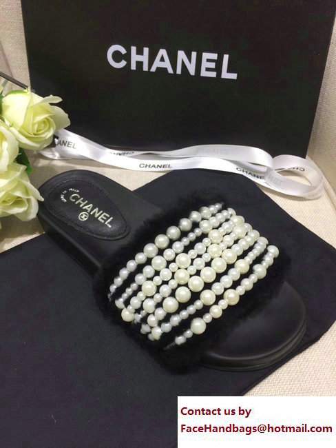 Chanel Pearl Shearling Fur Slippers Black 2017