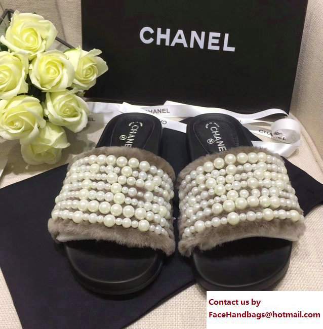 Chanel Pearl Shearling Fur Slippers Coffee 2017 - Click Image to Close