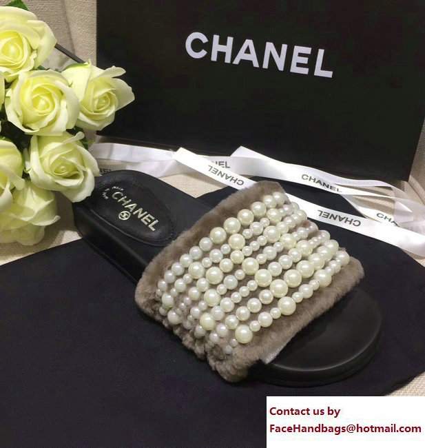 Chanel Pearl Shearling Fur Slippers Coffee 2017
