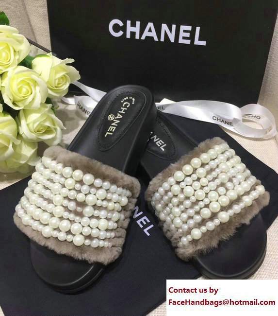 Chanel Pearl Shearling Fur Slippers Coffee 2017
