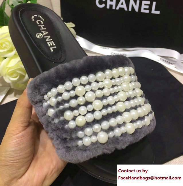Chanel Pearl Shearling Fur Slippers Gray 2017