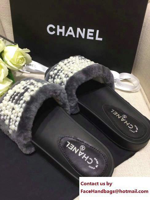 Chanel Pearl Shearling Fur Slippers Gray 2017 - Click Image to Close