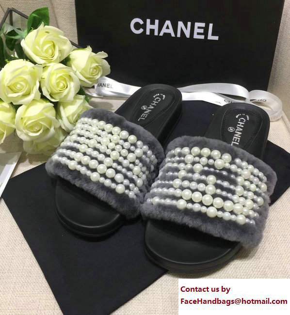 Chanel Pearl Shearling Fur Slippers Gray 2017