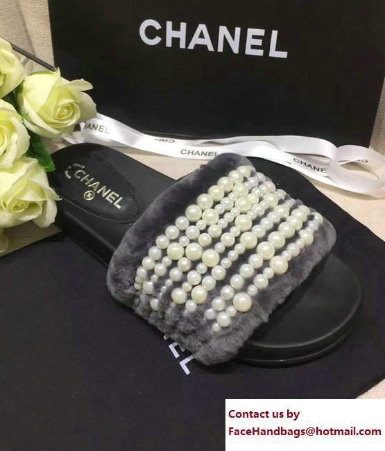Chanel Pearl Shearling Fur Slippers Gray 2017 - Click Image to Close