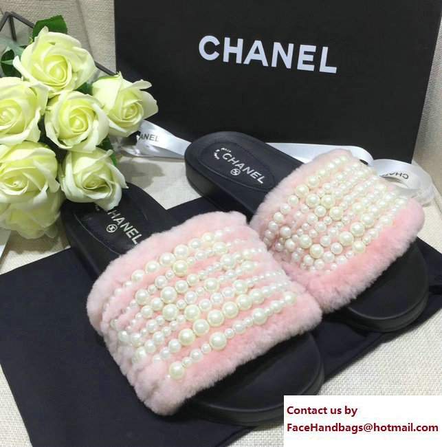 Chanel Pearl Shearling Fur Slippers Pink 2017