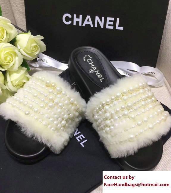Chanel Pearl Shearling Fur Slippers White 2017 - Click Image to Close