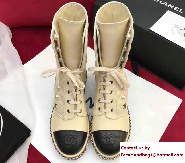 Chanel Pearl and Chain Short Boots G33185 Lambskin Beige/Black 2017