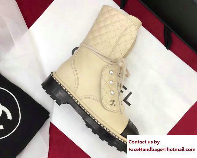 Chanel Pearl and Chain Short Boots G33185 Lambskin Beige/Black 2017 - Click Image to Close