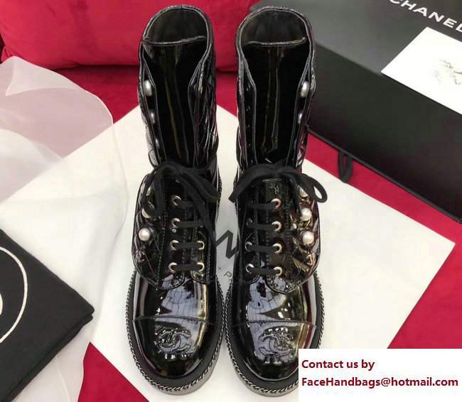 Chanel Pearl and Chain Short Boots G33185 Patent Leather Black 2017