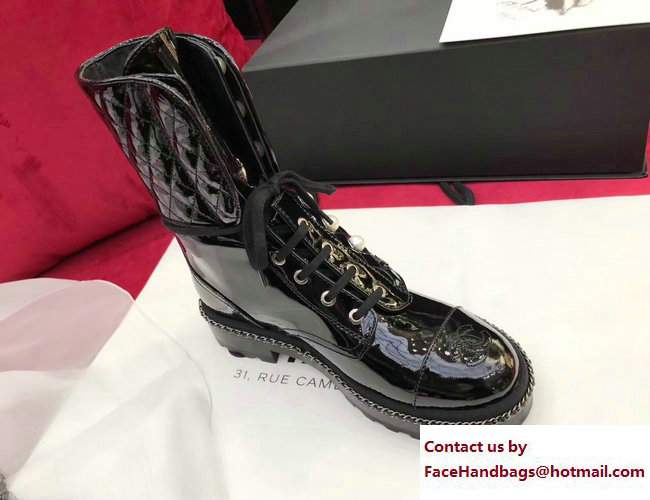 Chanel Pearl and Chain Short Boots G33185 Patent Leather Black 2017