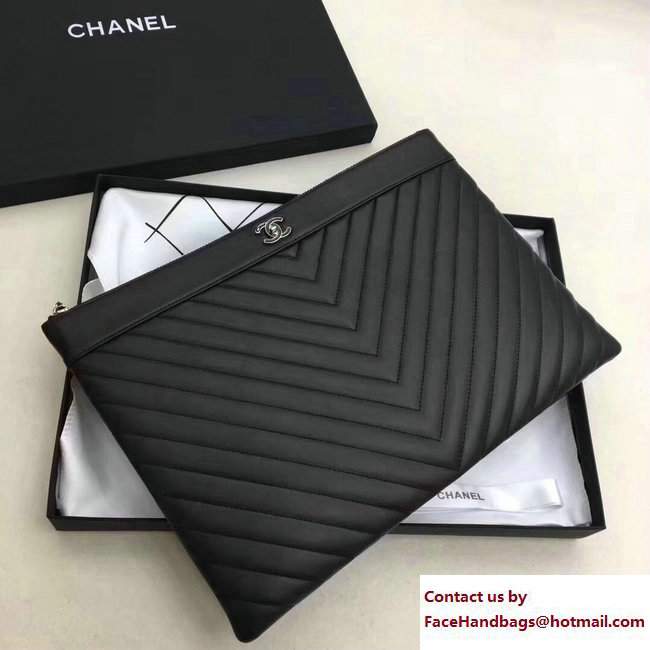 Chanel Sheepskin Chevron CC Pouch Clutch Large Bag A80992 Black 2017