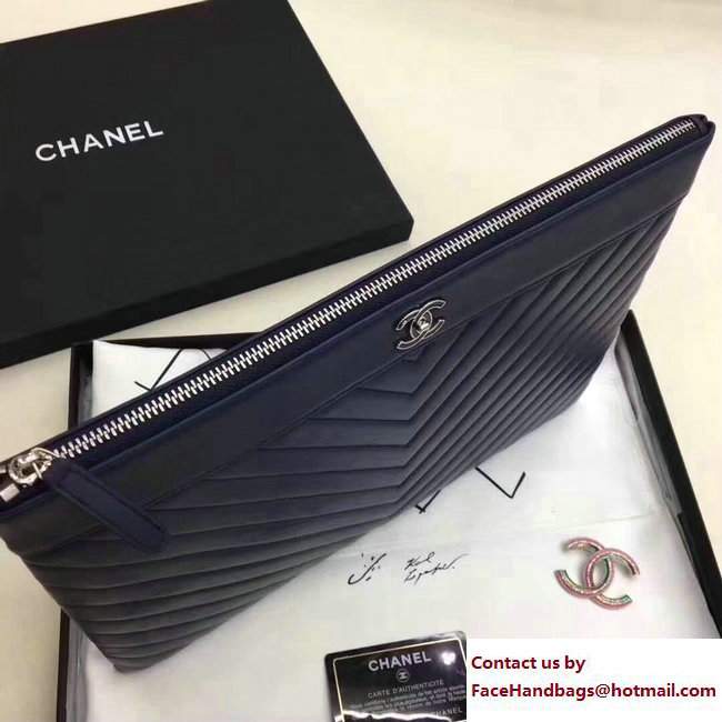 Chanel Sheepskin Chevron CC Pouch Clutch Large Bag A80992 Navy Blue 2017