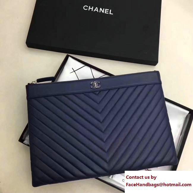 Chanel Sheepskin Chevron CC Pouch Clutch Large Bag A80992 Navy Blue 2017