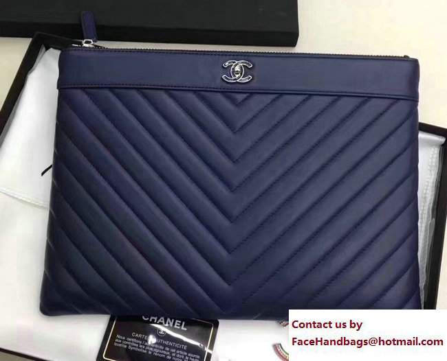 Chanel Sheepskin Chevron CC Pouch Clutch Small Bag A80992 Navy Blue 2017