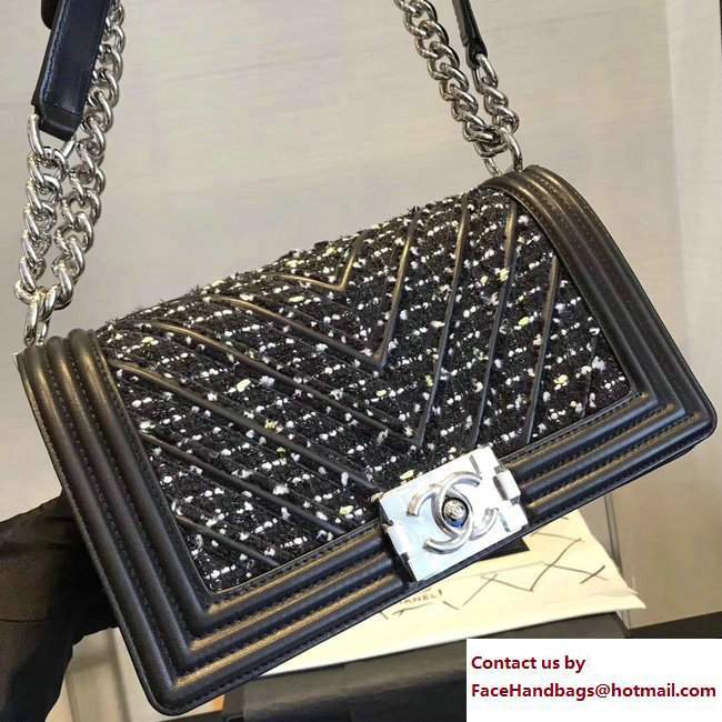 Chanel Tweed/Lambskin Chevron Medium Boy Flap Bag Black 2017