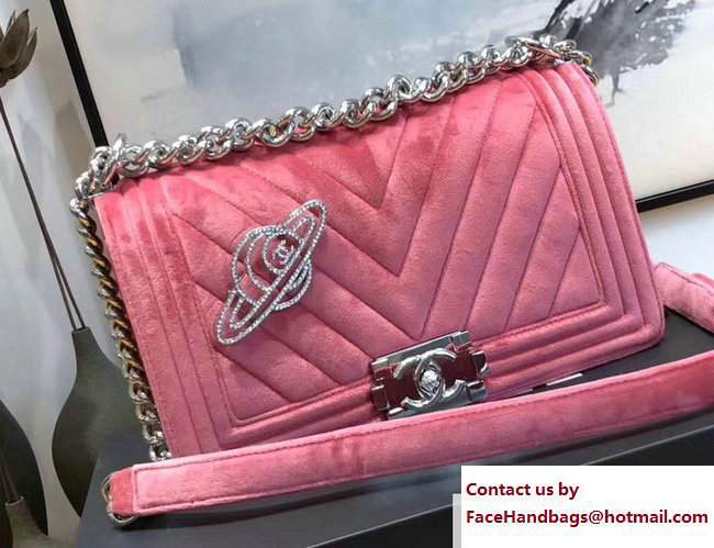 Chanel Velvet Boy Flap Medium Bag With Strass Planet Brooch Pink 2017