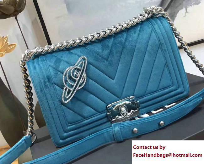 Chanel Velvet Boy Flap Medium Bag With Strass Planet Brooch Turquoise 2017