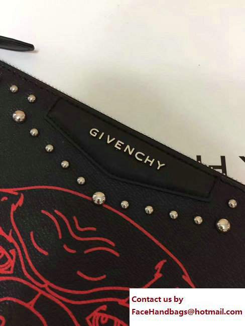 Givenchy Clutch Pouch Large Bag Studded Red Rottweiler Print Black 2017 - Click Image to Close