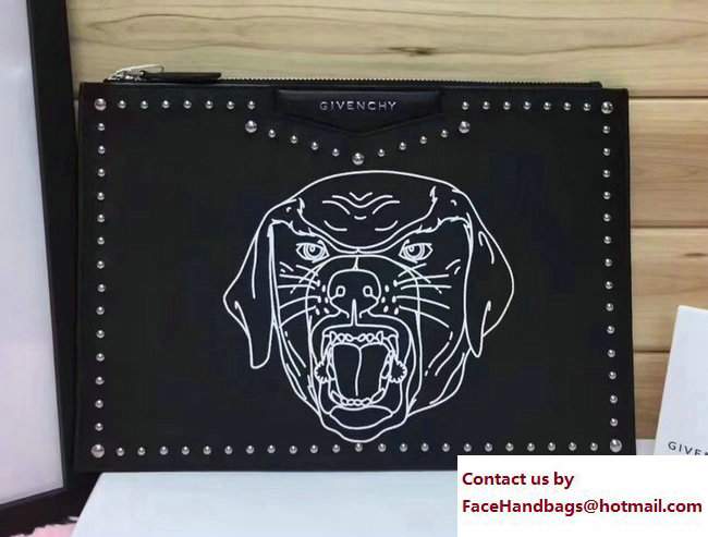 Givenchy Clutch Pouch Large Bag Studded White Rottweiler Print Black 2017 - Click Image to Close
