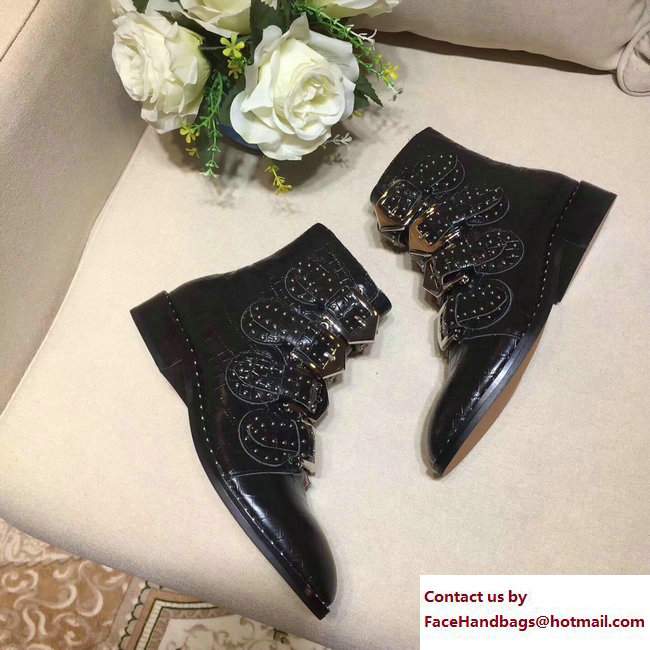 Givenchy Studded Buckle Ankle Boots Croco Pattern Black 2017