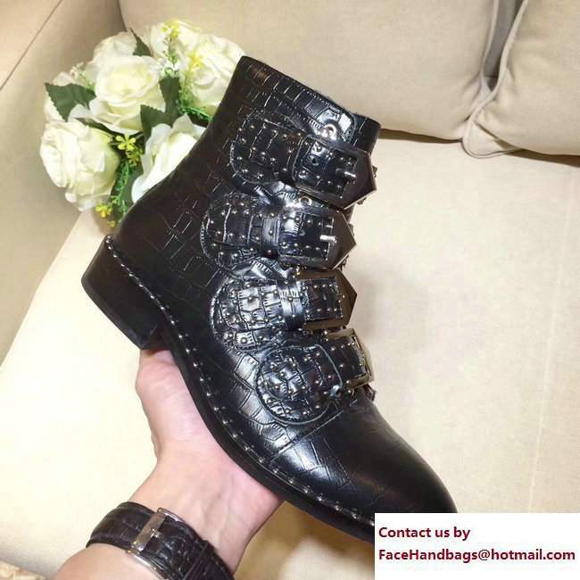 Givenchy Studded Buckle Ankle Boots Croco Pattern Black 2017
