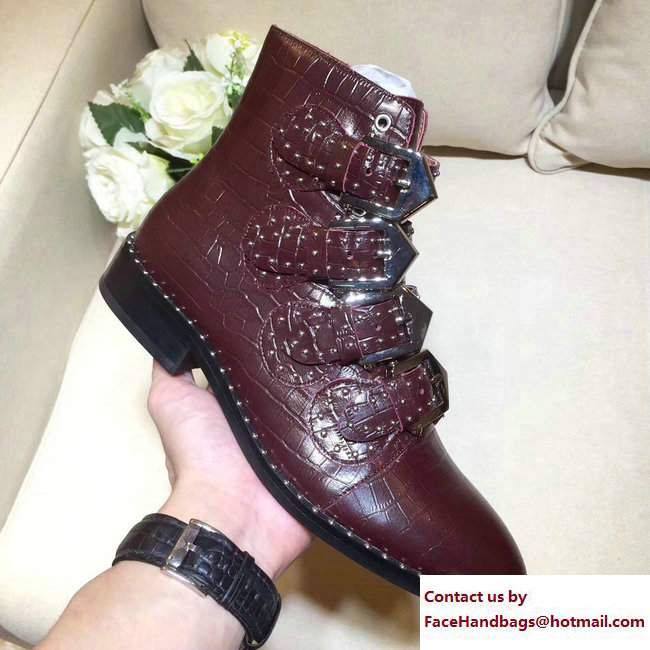 Givenchy Studded Buckle Ankle Boots Croco Pattern Burgundy 2017