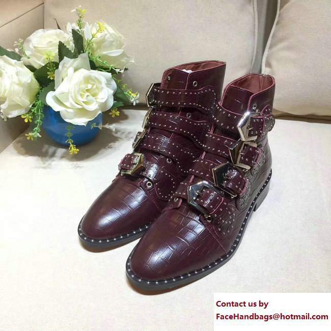 Givenchy Studded Buckle Ankle Boots Croco Pattern Burgundy 2017