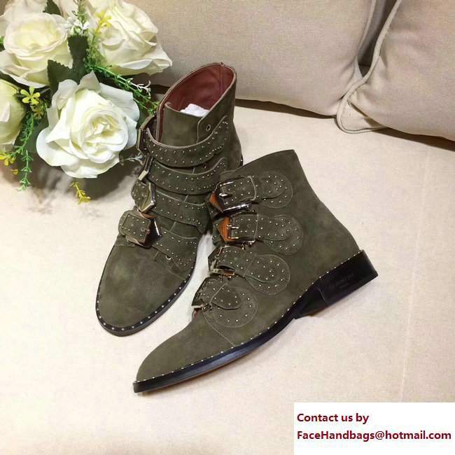 Givenchy Studded Buckle Ankle Boots Suede Army Green 2017