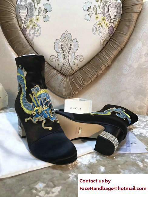 Gucci Dragon Bow Satin Mid-Heel Ankle Boots 476249 Black 2017 - Click Image to Close