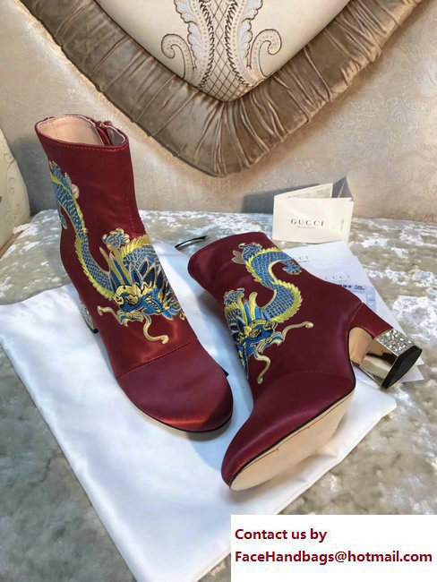 Gucci Dragon Bow Satin Mid-Heel Ankle Boots 476249 Dark Red 2017 - Click Image to Close