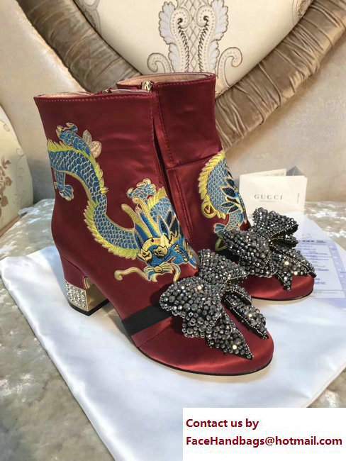 Gucci Dragon Bow Satin Mid-Heel Ankle Boots 476249 Dark Red 2017