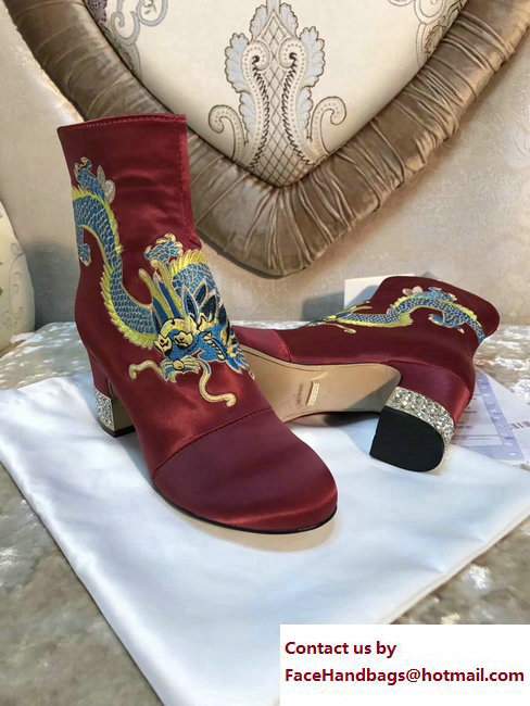 Gucci Dragon Bow Satin Mid-Heel Ankle Boots 476249 Dark Red 2017 - Click Image to Close