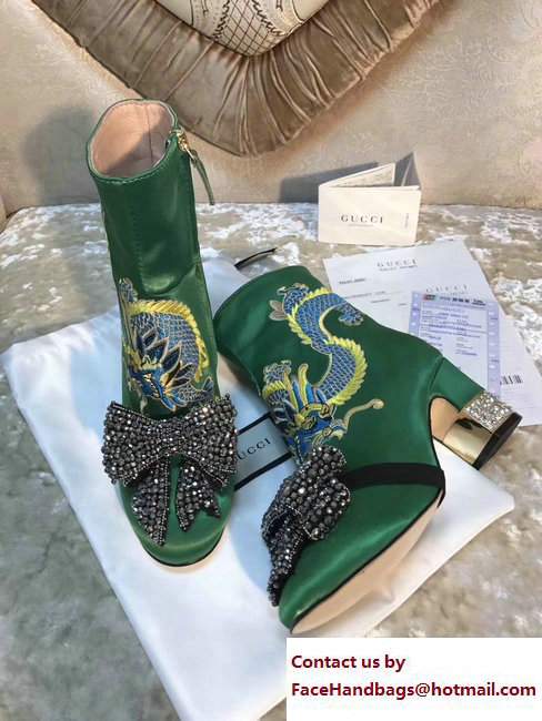 Gucci Dragon Bow Satin Mid-Heel Ankle Boots 476249 Green 2017